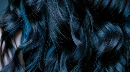 Closeup of curly black hair texture with subtle blue tones