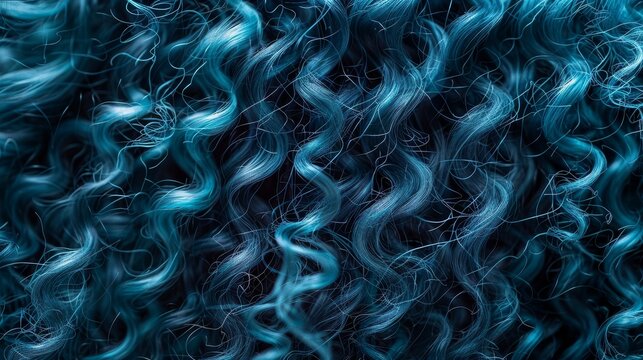Closeup of curly teal-colored hair texture