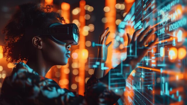 Black woman wearing virtual reality glasses, using her hands to touch floating holographic data, concept of digital transformation in business - Powered by Adobe