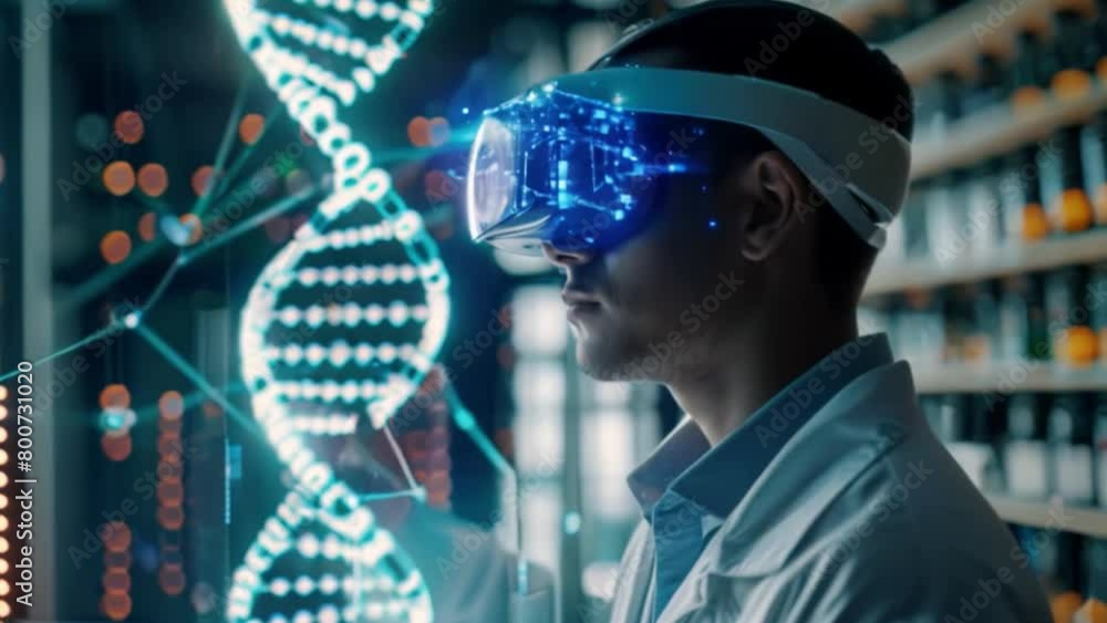 Aufkleber man experiencing virtual reality dna simulation in laboratory setting