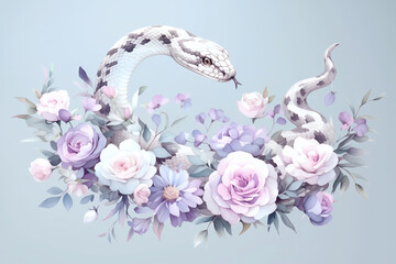 パステルカラーの花と蛇の年賀状用イラスト