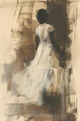 Abstract Oil painting features a woman  lady wearing white dress  wall art, moody vintage farmhouse style digital art print, wallpaper, background