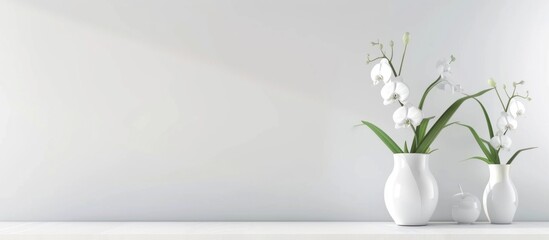 The background is a plain white wall with decorative vases and plants on the table