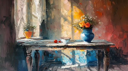 Still life  Oil painting impasto features dining table wall art, wabi sabi moody vintage farmhouse  style digital art print, wallpaper, background