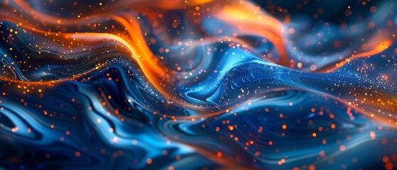 The image is an abstract painting with a blue and orange color scheme