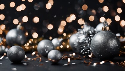 'confetti tree Christmas branch Wide cooper banner background mockup header decorated banner. black Xmas balls silver confetti. color frame copper'