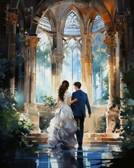 Obraz premium Watercolor background of a wedding couple walking in a fairy garden