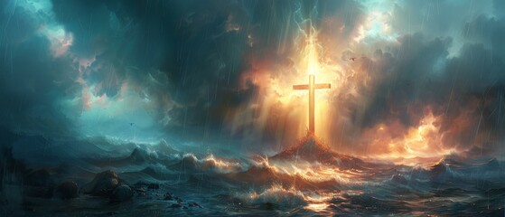 The image is a painting of a cross in a stormy sea. The cross is made of a bright light.