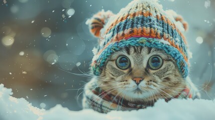 The cat in a knitted hat and a scarf is skiing.