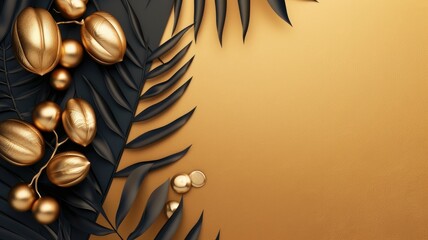 Golden eggs among black leaves on gold background, luxury concept