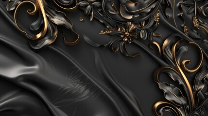 Luxurious black fabric with ornate gold floral patterns and accents