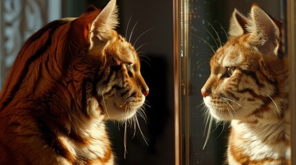 The cat looks at his reflection in the mirror. It sees a tiger there. - obrazy, fototapety, plakaty