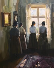 Abstract Oil painting features a group of young  woman lady looking out the window wall art, moody vintage farmhouse style digital art print, wallpaper, background