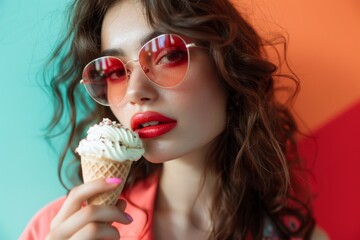 Young woman in sunglasses with ice cream.