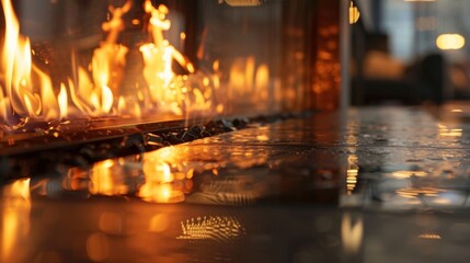 Obraz premium The heat from the fire dances against the shiny surfaces of the reflective fireplace surround. 2d flat cartoon.