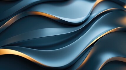 Abstract blue waves with metallic sheen and golden accents