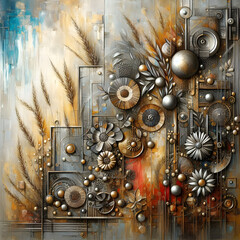 Abstract, with metal elements, texture background, flowers, and plants in it, Modern art
