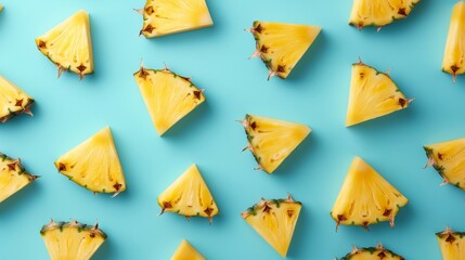 Naklejka premium Fresh pineapple slices arranged on a blue background. Minimal summer fruit concept.