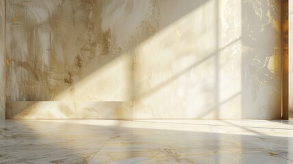 Empty room with sunlight casting shadows on marble walls and floor
