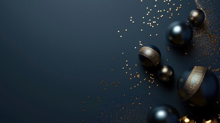 Dark festive background with black and gold ornaments, scattered glitter, elegant holiday theme