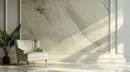 Modern interior with white armchair and large window casting shadows on marble wall