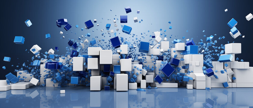 Abstract Explosion of Blue and White Cubes Wallpaper