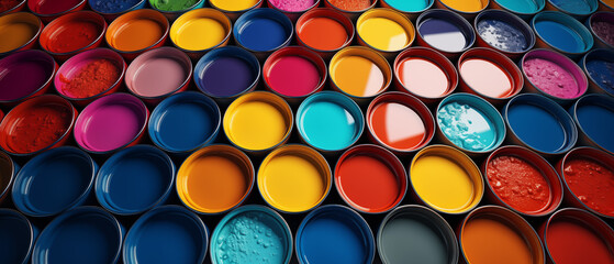 Top View of Colorful Open Paint Cans Arrangement