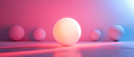 Pink and blue glowing spheres on a reflective surface.