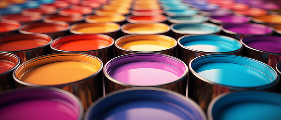 Endless Rows of Multicolored Paint Cans on Shiny Surface