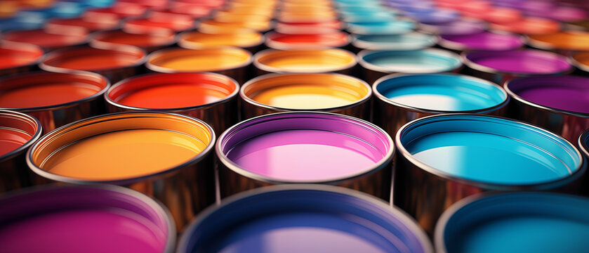 Endless Rows of Multicolored Paint Cans on Shiny Surface