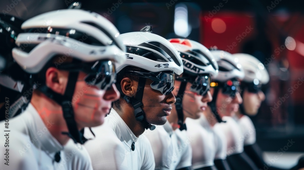 Poster a group of athletes wearing specialized helmets that monitor brain activity and adjust oxygen levels