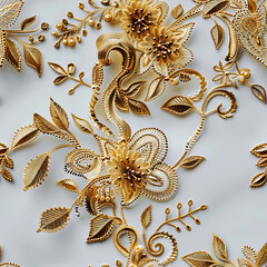 Seamless pattern of golden floral embroidery on white fabric