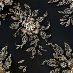 Seamless pattern of golden floral embroidery of black velvet textile