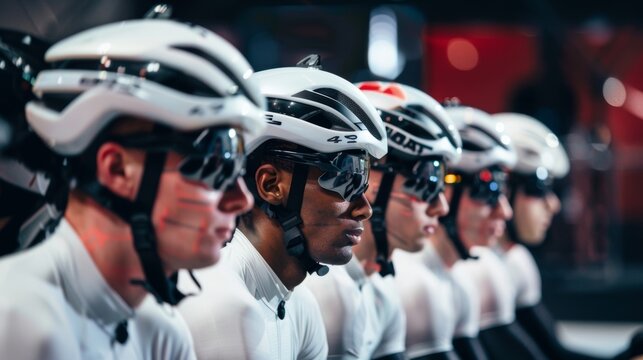 A group of athletes wearing specialized helmets that monitor brain activity and adjust oxygen levels to improve performance and endurance.. - Powered by Adobe