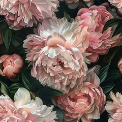 Seamless pattern of pink peony with green leaves