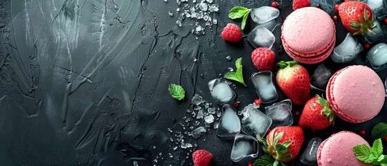 Ice, strawberries and pink macarons on a black background.