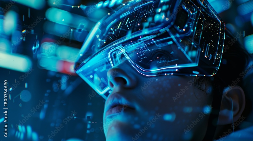 Poster a person undergoing a neural implant procedure their head surrounded by a virtual reality interface.