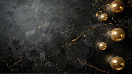 Luxurious black marble texture background with golden spheres and intricate gold veins