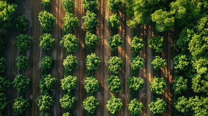 An aerial view of a reforestation project, with rows of newly planted trees, symbolizing hope and the vital role of forests in maintaining ecological balance. - Powered by Adobe
