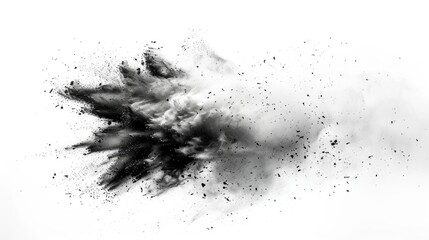 Chalk pieces and dust in black scatter, creating an explosion effect, on a white background.