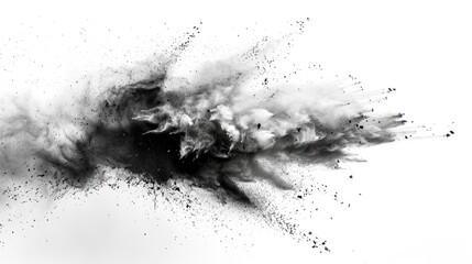 On a white surface, black chalk fragments and dust particles explode.