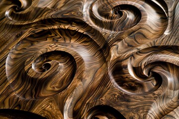 Naklejka premium Waves and Loops: Detailing Walnut Wood with Intricate Patterns and Old Interior Highlights
