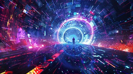 Silhouette in a vibrant futuristic tunnel - A figure stands at the center of a neon-lit tunnel, creating a sense of mystery and digital advancement
