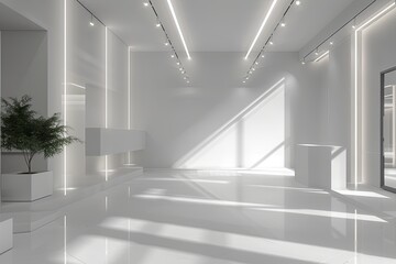 White Luxury Room: 3D Rendering of Minimalist Fashion Boutique with Diagonal Lighting