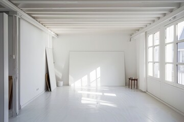 White Minimalist Interior Studio: Contemporary Room with Monochromatic Light