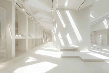 Obraz premium Geometry in White: Minimalist Luxury Fashion Store Interior with Light and Shadow_
