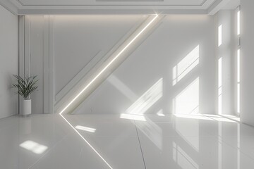 Diagonal Light in Modern White Office: Empty 3D Rendering