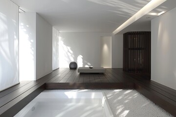 Modern Contrast: White Spa Area & Dark Wood in Minimalist Loft Apartment
