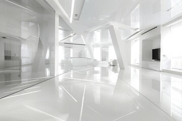 Fototapeta premium Reflective Monochromatic Interiors: White Geometric Office with Glass Floors in Modern Apartment Building
