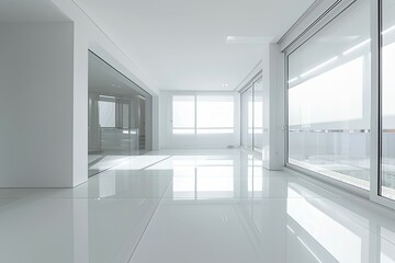 White Reflections: Modern Geometric Office with Glass Floor Panels in Monochromatic Apartment